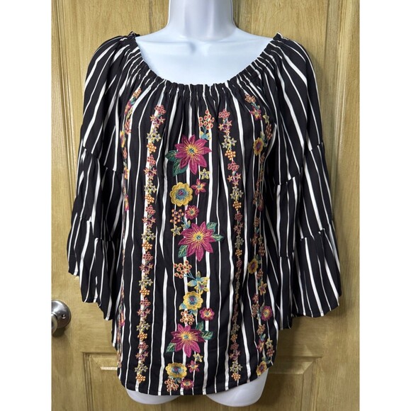 Savanna Jane Womens S Tunic Floral Embroidered Black White Striped Boho - Picture 1 of 7